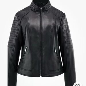 Sleek Black Leather Jacket with Quilted Sleeves and Hip-Length Fit